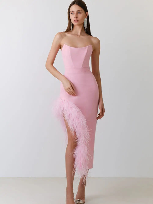 Strapless Feather Midi Dress