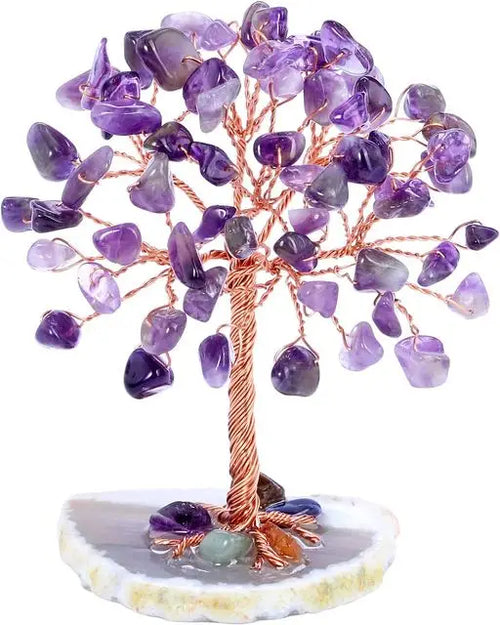 Super Mini Crystal Money Tree Home Decor Copper Wire Wrap with Agate Slice Base for Yoga Feng Shui Healing Gemstone