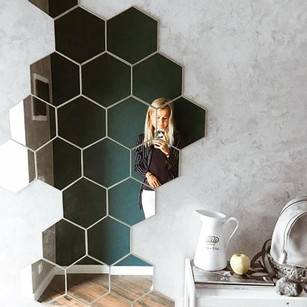 Rose Gold 3D Hexagon Mirror Wall Stickers DIY TV Background Decor for Living Room Bedroom Bathroom Home Decor