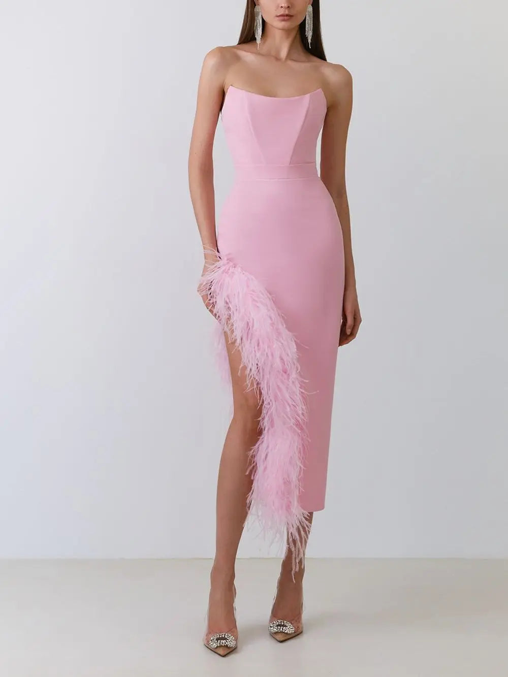 Strapless Feather Midi Dress