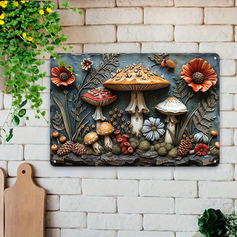 Vintage Aluminum Mushroom Metal Wall Art 8x12 Inch Floral 3D Embossed Style Indoor Outdoor Hanging Plaque