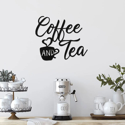 Black Plaque Wall Hanging Decoration Coffee and Tea Cutout Letter Silhouette Metal Sign for Home Dining Room Kitchen