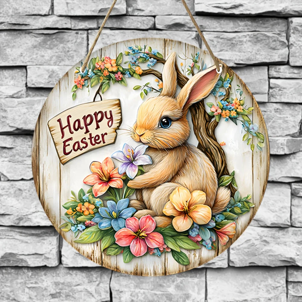 Farmhouse Style Round Wooden Easter Bunny Logo Wreath 7.87 Inch with Lilies Spring Decoration for Plaques Signs