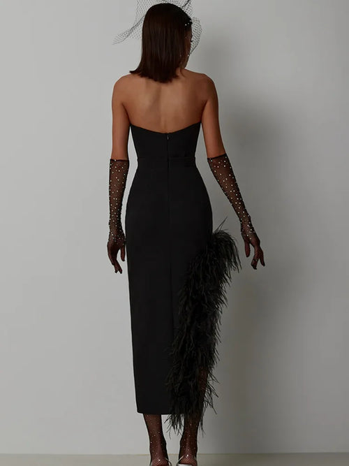 Strapless Feather Midi Dress