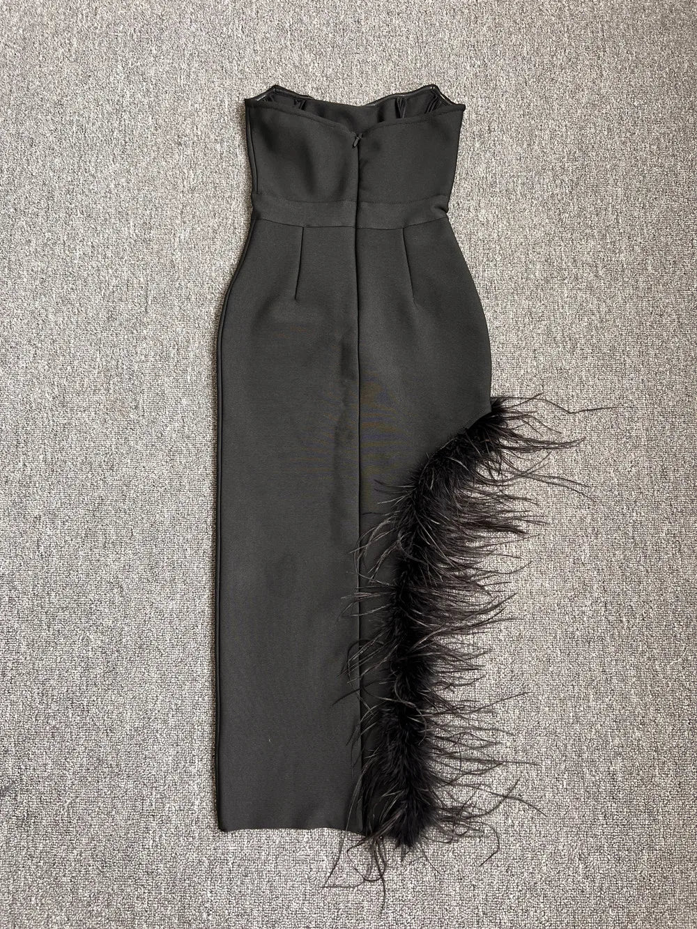 Strapless Feather Midi Dress