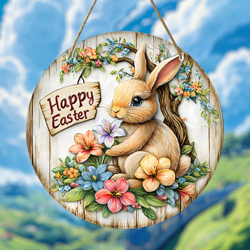 Farmhouse Style Round Wooden Easter Bunny Logo Wreath 7.87 Inch with Lilies Spring Decoration for Plaques Signs