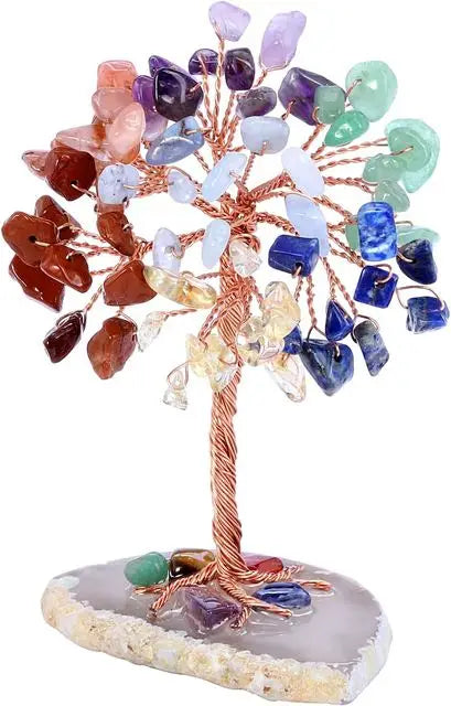 Super Mini Crystal Money Tree Home Decor Copper Wire Wrap with Agate Slice Base for Yoga Feng Shui Healing Gemstone