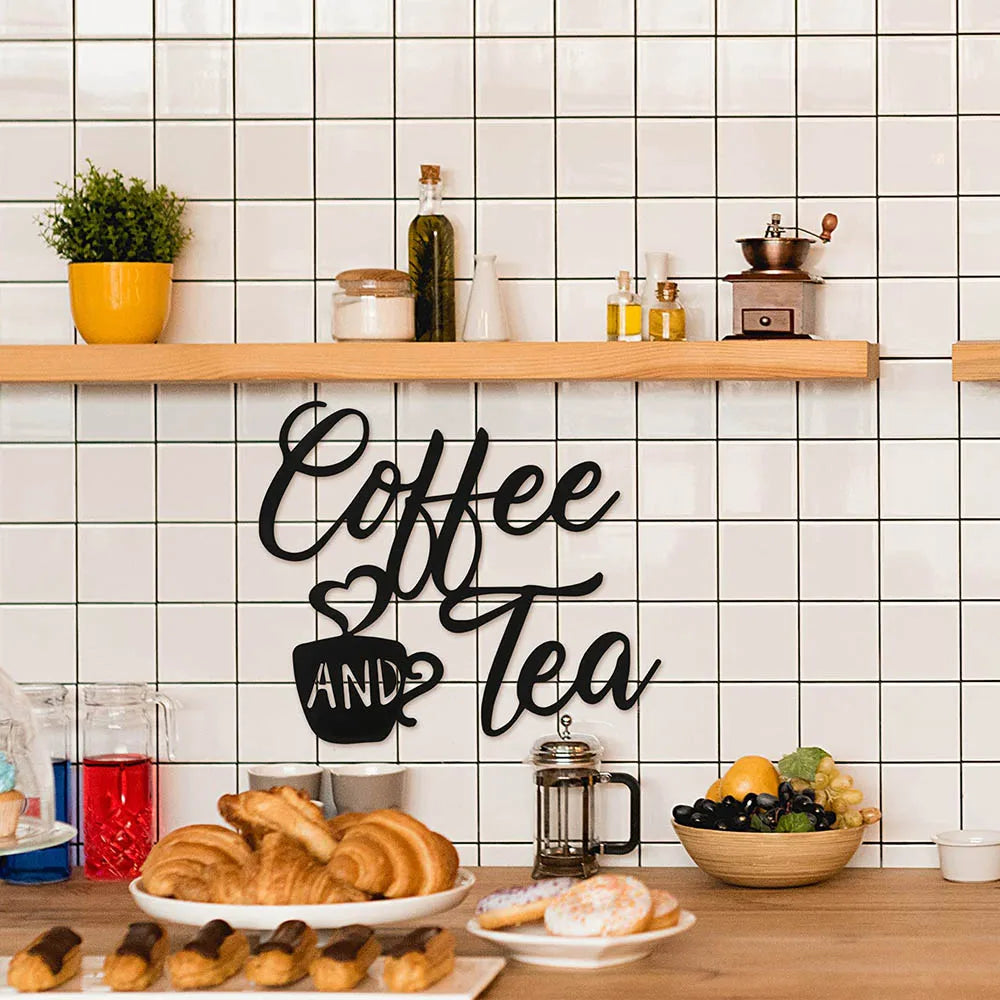 Black Plaque Wall Hanging Decoration Coffee and Tea Cutout Letter Silhouette Metal Sign for Home Dining Room Kitchen