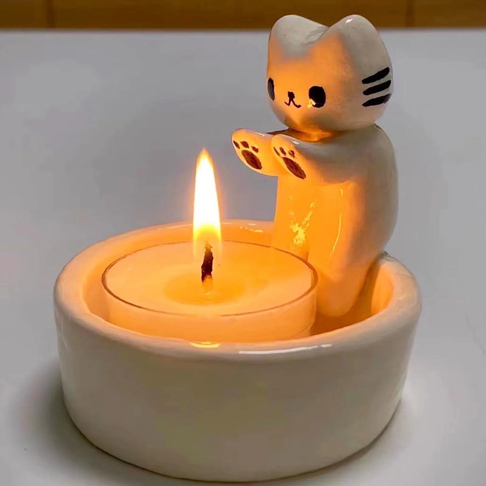 Cute Cartoon Cat Candle Holder Short Eye Catching Tea Light Office Home Desktop Decorative Ornament