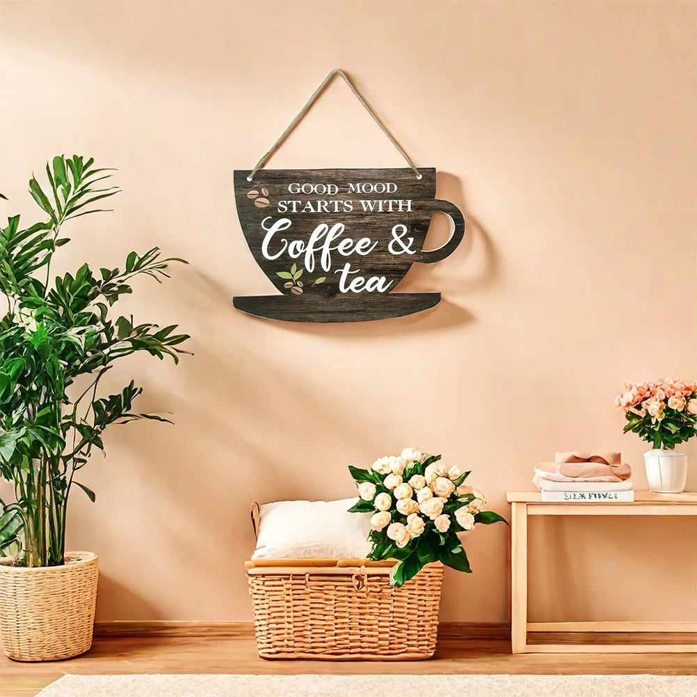 Rustic Coffee Tea Wooden Sign 11.8 Inches Indoor Outdoor Festive Decor for Farmhouse Kitchen Coffee Lovers Vintage Style Plaque