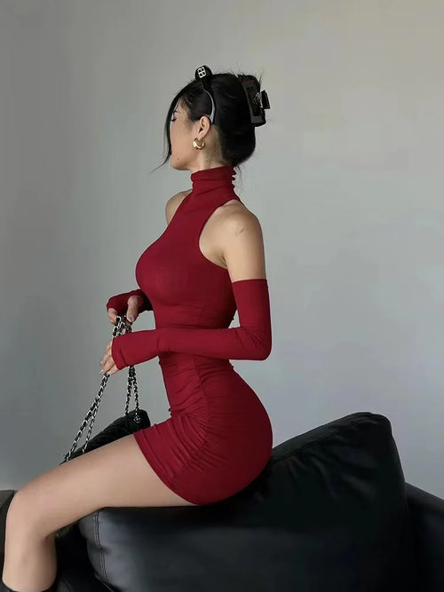 Ruched Turtleneck Mini Dress