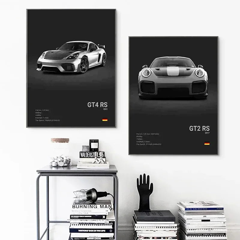 Sports Car Wall Art Black White Pop 911 GT Turbo Canvas Painting Living Room Home Decor Gift Garage