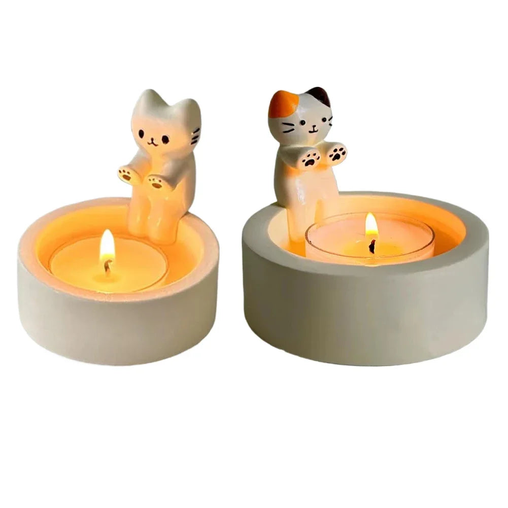 Cute Cartoon Cat Candle Holder Short Eye Catching Tea Light Office Home Desktop Decorative Ornament