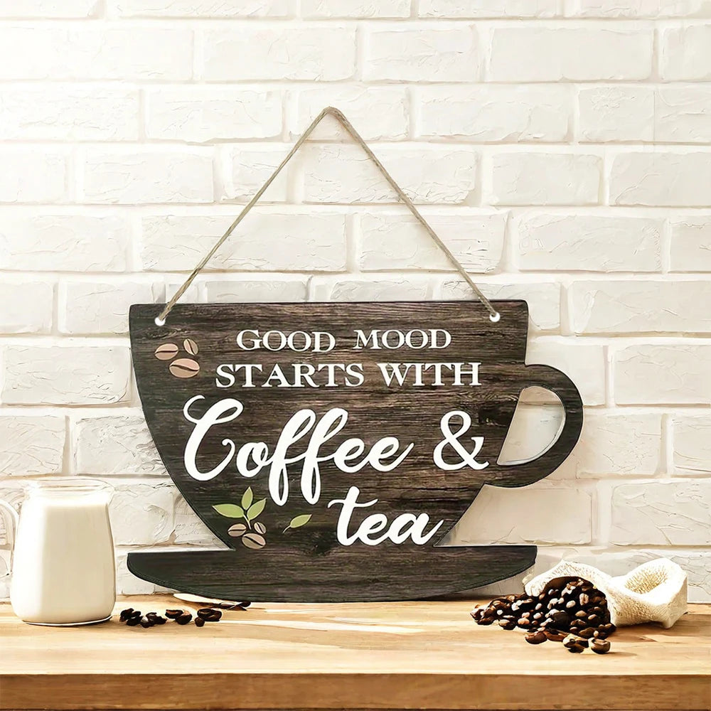 Rustic Coffee Tea Wooden Sign 11.8 Inches Indoor Outdoor Festive Decor for Farmhouse Kitchen Coffee Lovers Vintage Style Plaque