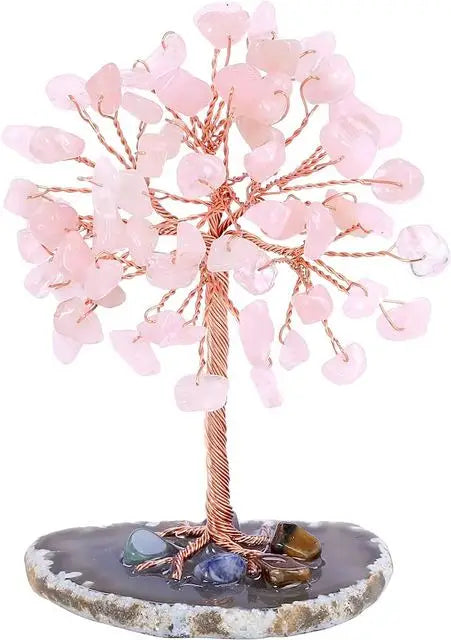 Super Mini Crystal Money Tree Home Decor Copper Wire Wrap with Agate Slice Base for Yoga Feng Shui Healing Gemstone