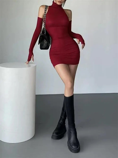 Ruched Turtleneck Mini Dress