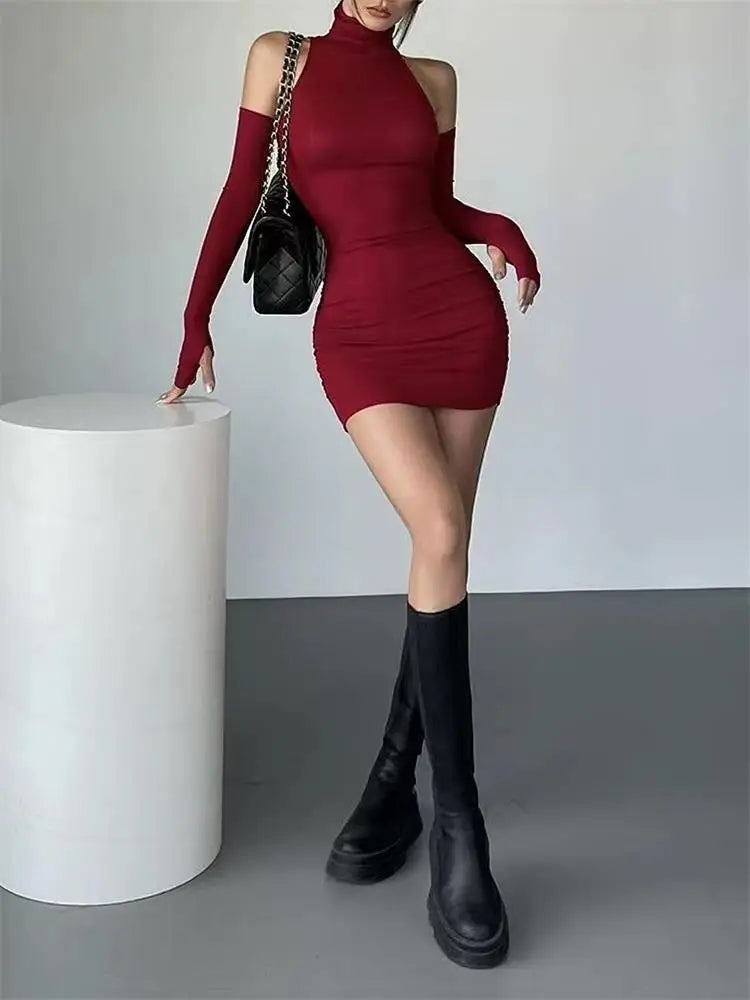 Ruched Turtleneck Mini Dress