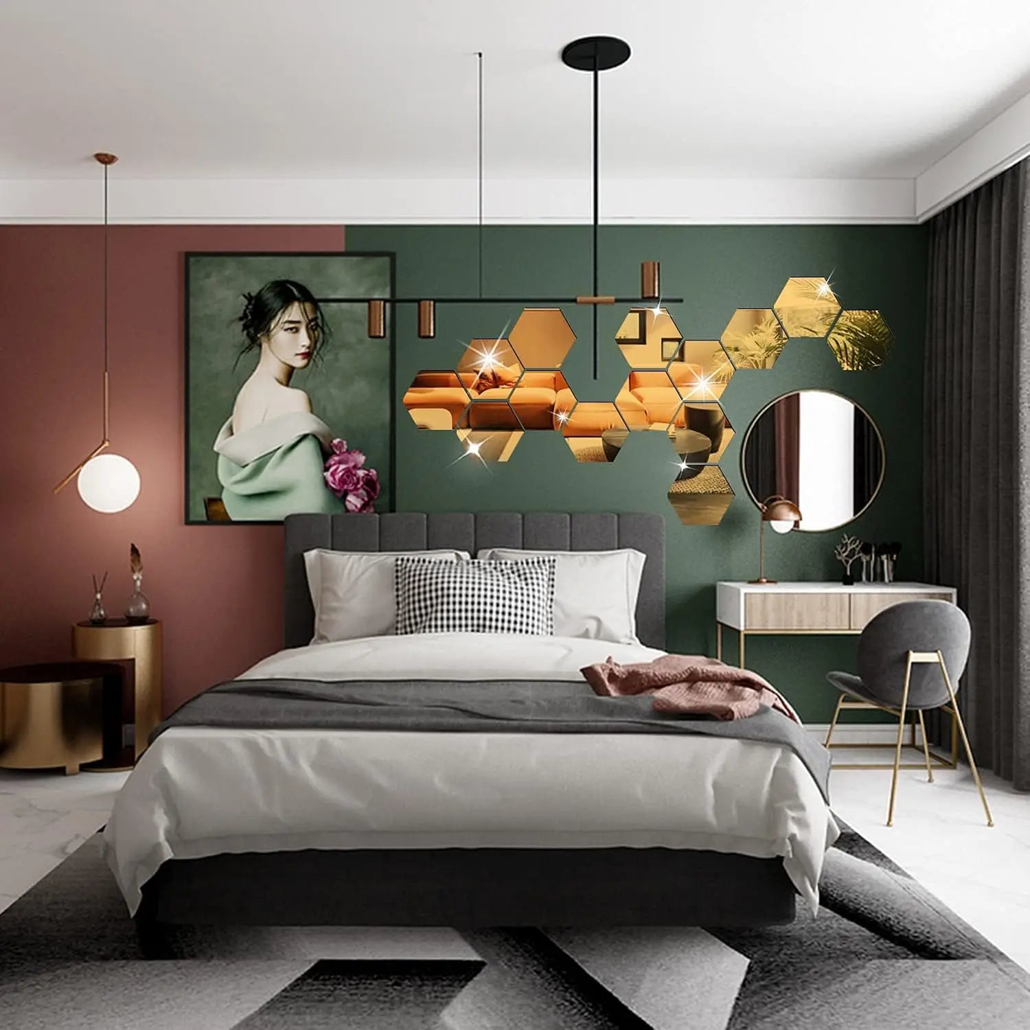 Rose Gold 3D Hexagon Mirror Wall Stickers DIY TV Background Decor for Living Room Bedroom Bathroom Home Decor