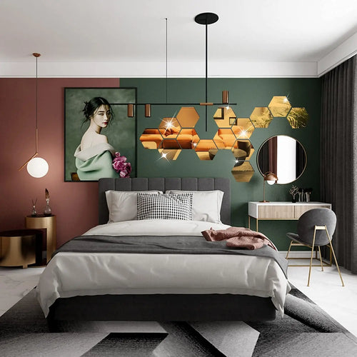 Rose Gold 3D Hexagon Mirror Wall Stickers DIY TV Background Decor for Living Room Bedroom Bathroom Home Decor