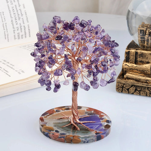 Super Mini Crystal Money Tree Home Decor Copper Wire Wrap with Agate Slice Base for Yoga Feng Shui Healing Gemstone