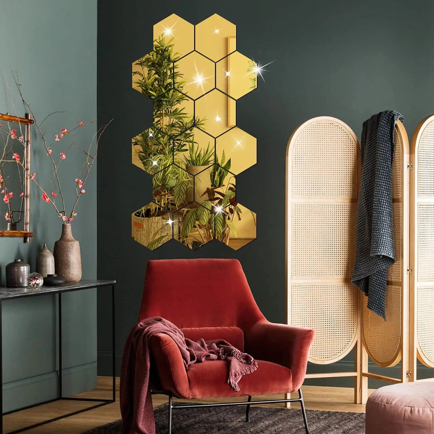 Rose Gold 3D Hexagon Mirror Wall Stickers DIY TV Background Decor for Living Room Bedroom Bathroom Home Decor