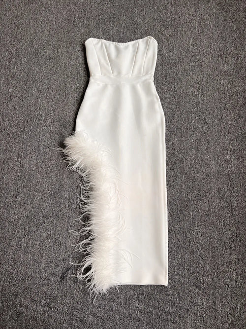 Strapless Feather Midi Dress
