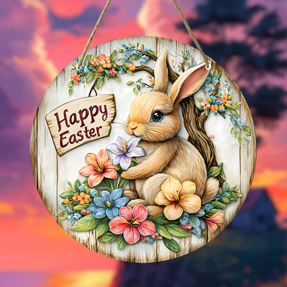 Farmhouse Style Round Wooden Easter Bunny Logo Wreath 7.87 Inch with Lilies Spring Decoration for Plaques Signs