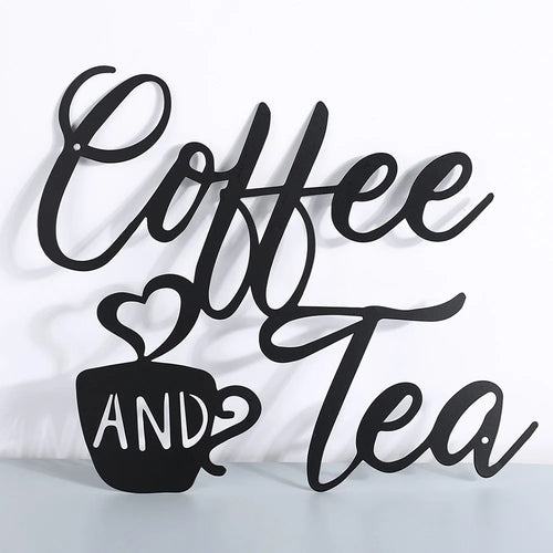 Black Plaque Wall Hanging Decoration Coffee and Tea Cutout Letter Silhouette Metal Sign for Home Dining Room Kitchen