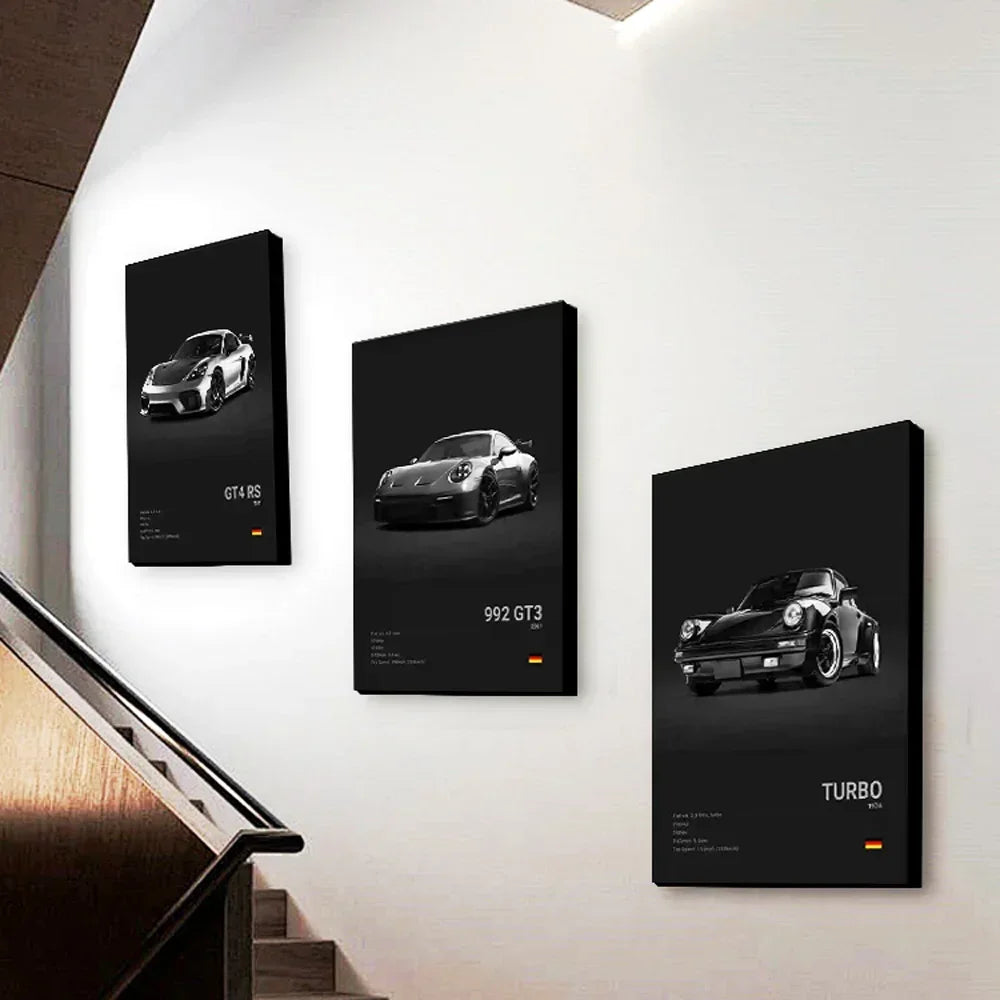 Sports Car Wall Art Black White Pop 911 GT Turbo Canvas Painting Living Room Home Decor Gift Garage