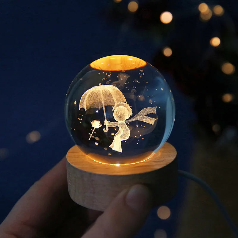 3D Crystal Ball Night Light Laser Engraved Solar System Globe Decoration for Home Desktop Astronomy Birthday Gift
